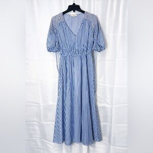 LOFT Blue, Brown, and White Striped Maxi Dress. Sz Large.